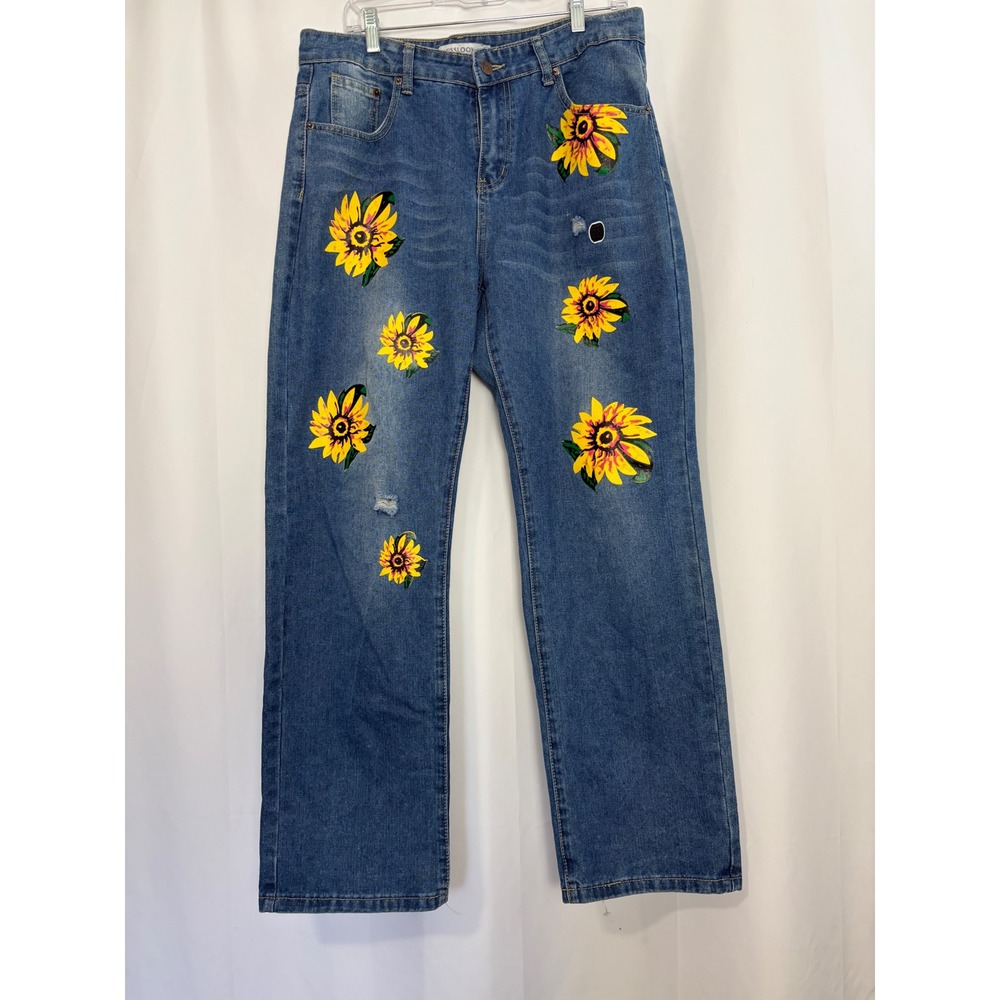 Misslook Womens Boho Sunflower Floral Straight Leg Jeans Medium Wash XL
